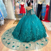 Teal ball gown with floral embroidery Sweet 16 Quinceanera Dresses With Cloak 3D Flowers Mychicdress